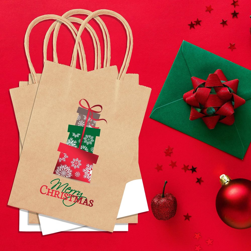 easykart labels 24 Christmas Kraft Gift Bags with Red Foiling for Holiday Paper Gift Bags, Christmas Goody Bags, Xmas Gift Bags, Classrooms and Party Favors (9 x 7.3 x 3.3) - Image 5