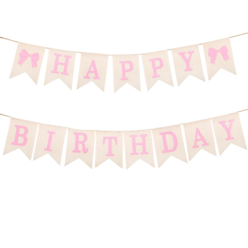 Burlap Happy Birthday Banner, Assembled Pink Bow Birthday Garland Happy Birthday Sign for Rustic Birthday Party Decorations