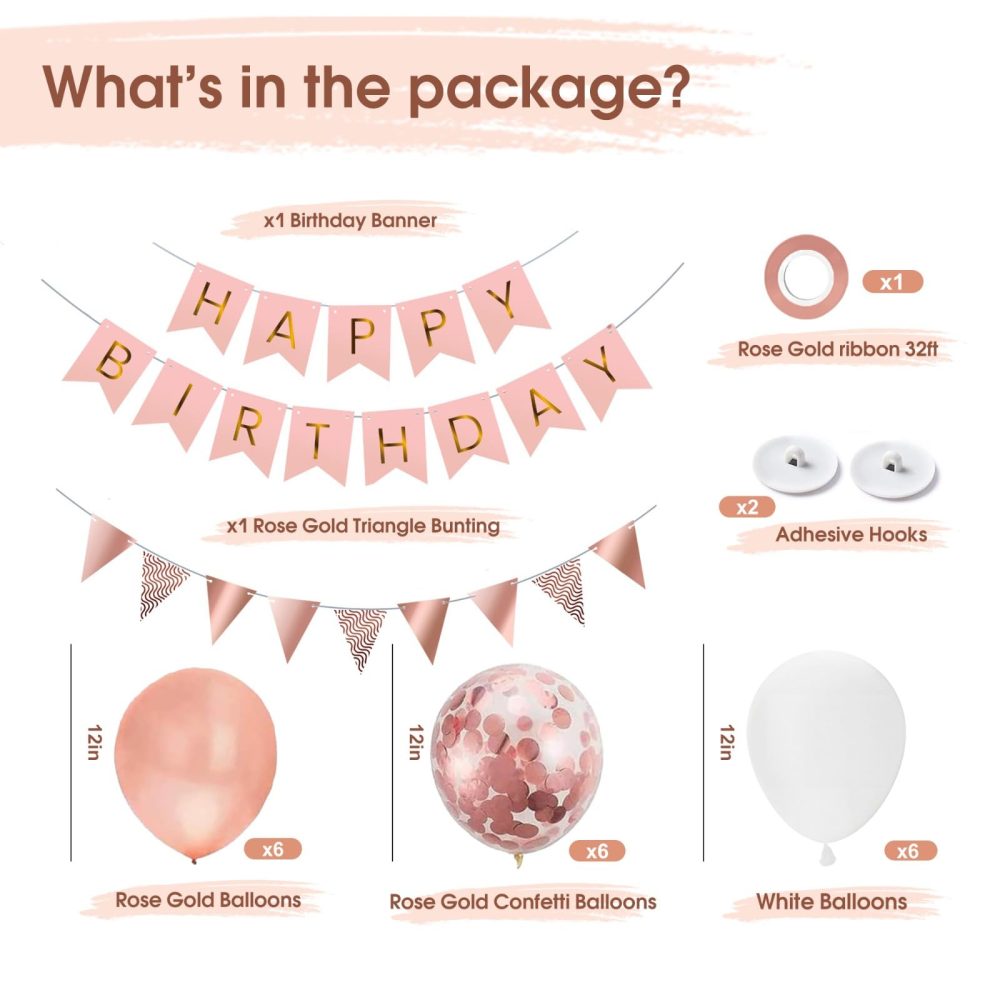 OHugs Happy Birthday Banner - Rose Gold Birthday Party Decorations for Women and Girls with 12 Inch Rose Gold, White, and Confetti Balloons - Happy Birthday Bunting Banner with Wall Hooks - Image 6