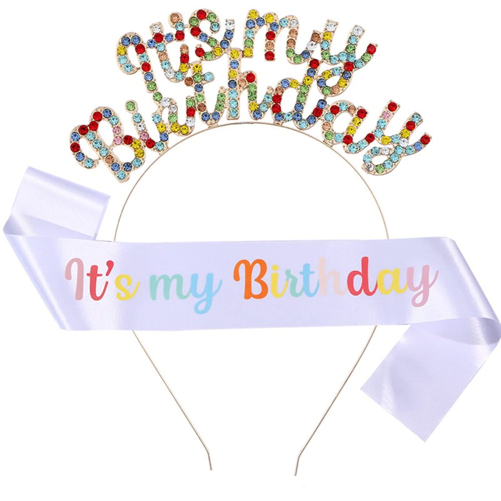 CHTENG Colorful It's my Birthday Girl Sash Badge and Tiara Rhinestone Crown Headband for Birthday Party Supplies