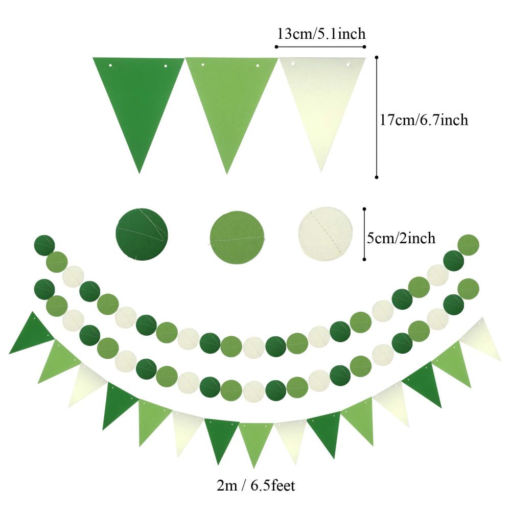 ZERODECO Party Decoration, 21 Pcs Green Hanging Paper Fans, Pom Poms Flowers, Garlands String Polka Dot and Triangle Bunting Flags for Golf Party Dinosaur Birthday Parties Arbor Day - Image 4