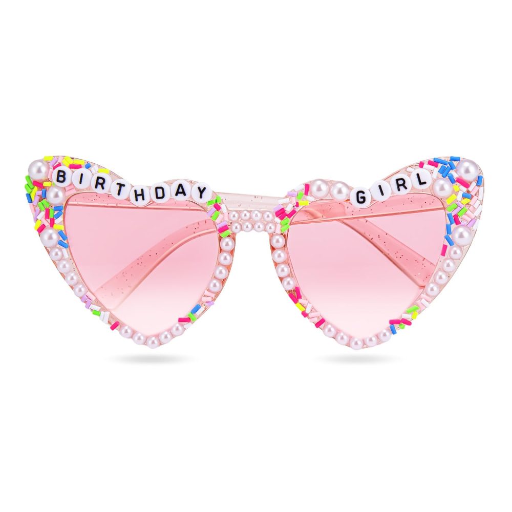 Birthday Glasses,Pink Heart Shaped Pearl Sunglasses, Portable Cute Resuable Shiny Polycarbonate Party Supplies Decoration Accessories, for Women, Girl