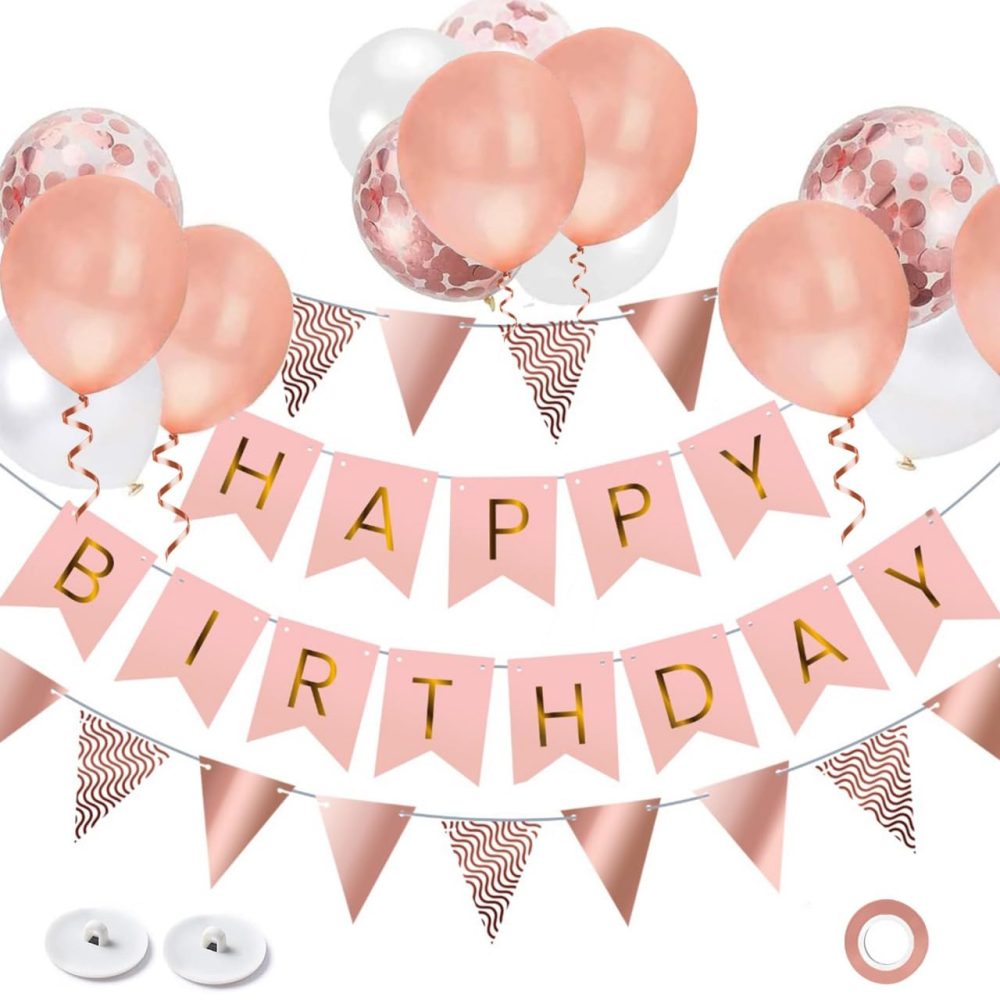 OHugs Happy Birthday Banner - Rose Gold Birthday Party Decorations for Women and Girls with 12 Inch Rose Gold, White, and Confetti Balloons - Happy Birthday Bunting Banner with Wall Hooks