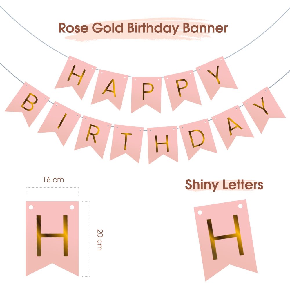 OHugs Happy Birthday Banner - Rose Gold Birthday Party Decorations for Women and Girls with 12 Inch Metallic Rose Gold Balloons and Confetti Balloons - Happy Birthday Bunting Banner with Wall Hooks - Image 5