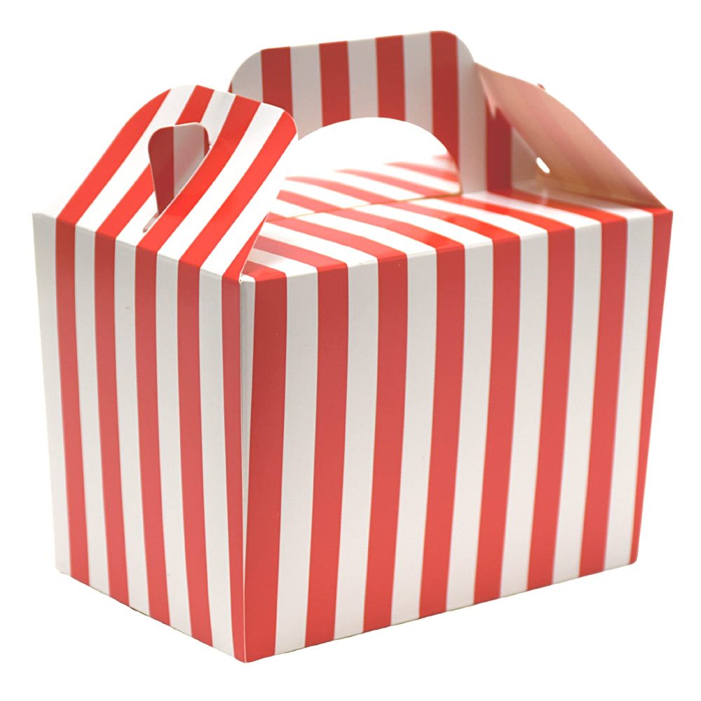 20 x Stripe Design Children/Kids Party Boxes Carry Food Meal Fun Picnic Birthday Wedding Favour/Baby Shower Party Box Loot Bag (Red)