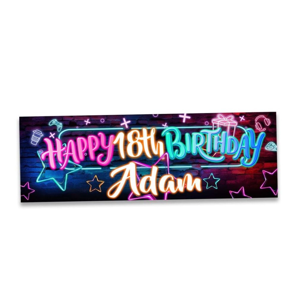 2 Personalised birthday banner photo neon theme balloon hearts man woman kids children boy girl gift party decoration-1st 10th 18th 21st 30th 40th 50th - Image 2