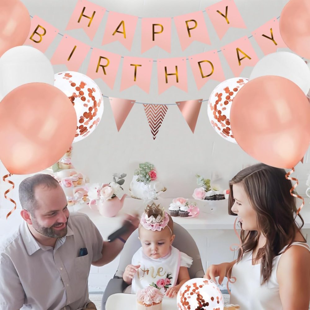 OHugs Happy Birthday Banner - Rose Gold Birthday Party Decorations for Women and Girls with 12 Inch Rose Gold, White, and Confetti Balloons - Happy Birthday Bunting Banner with Wall Hooks - Image 3