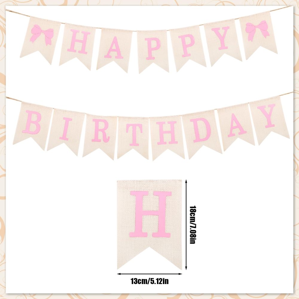 Burlap Happy Birthday Banner, Assembled Pink Bow Birthday Garland Happy Birthday Sign for Rustic Birthday Party Decorations - Image 7