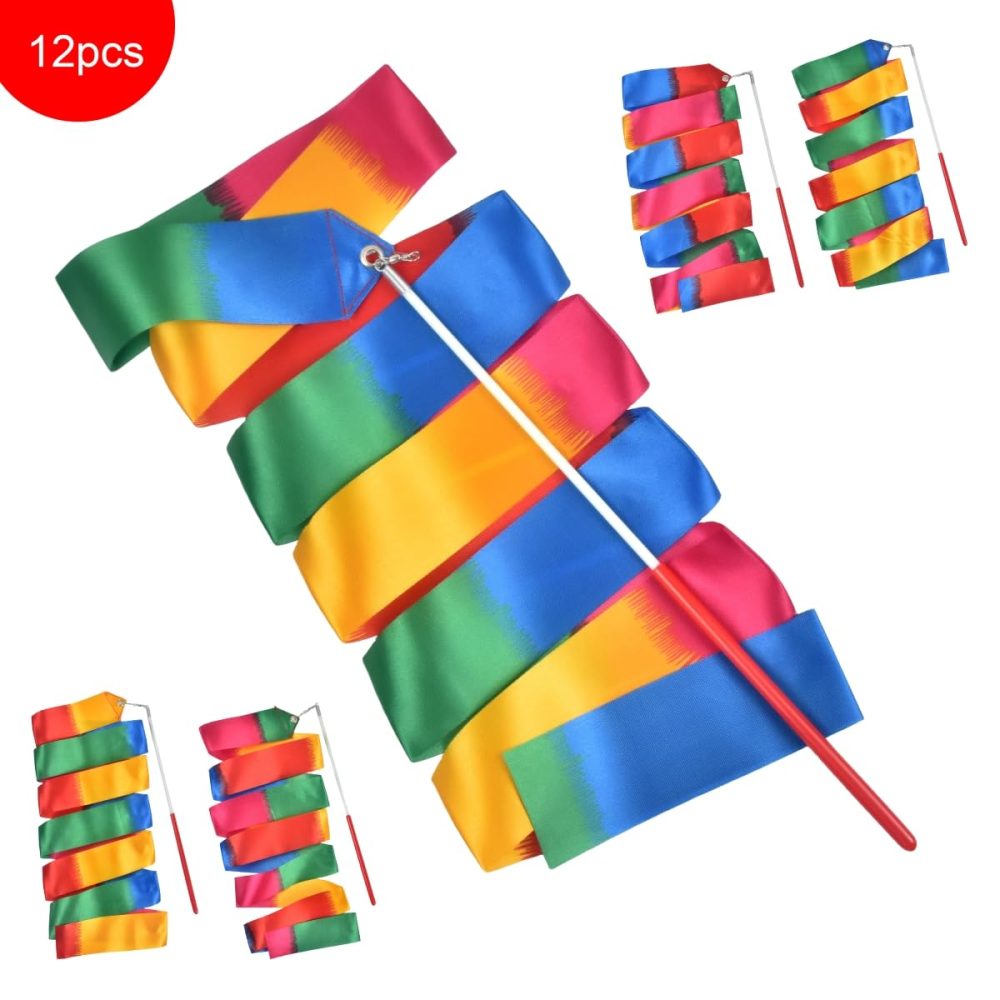iFunLong 12PCS Rainbow Party Favors Dance Ribbons for Kids Circus Carnival Rhythmic Gymnastics Birthday Party Decoration Supplies, Ribbon Baton Twirling Sticks Silks Streamers Wands - Image 3