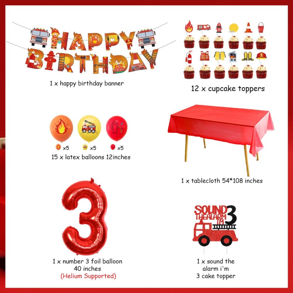 Sursurprise Fire Engine 3rd Birthday Decorations for Boy, Sound the Alarm I’m 3 Cake Topper, Happy Birthday Banner, Flame Balloons, Tablecloth, Firemen Firefighter Birthday Party Supplies - Image 2
