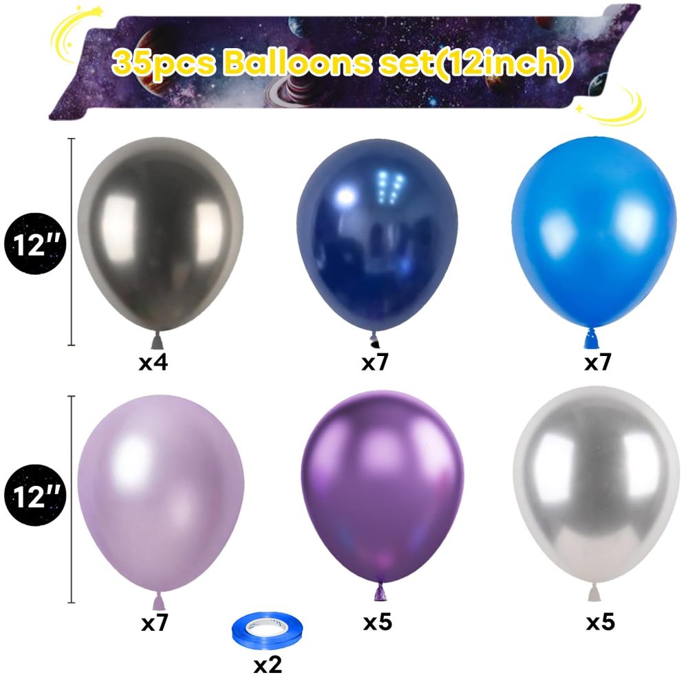 Outer Space Balloons, 12 Inches Galaxy Blue Purple Balloons with Metallic Black Silver Balloons, Outer Space Party Decorations for Kids Boys Astronaut Space Birthday Party Decorations - Image 7