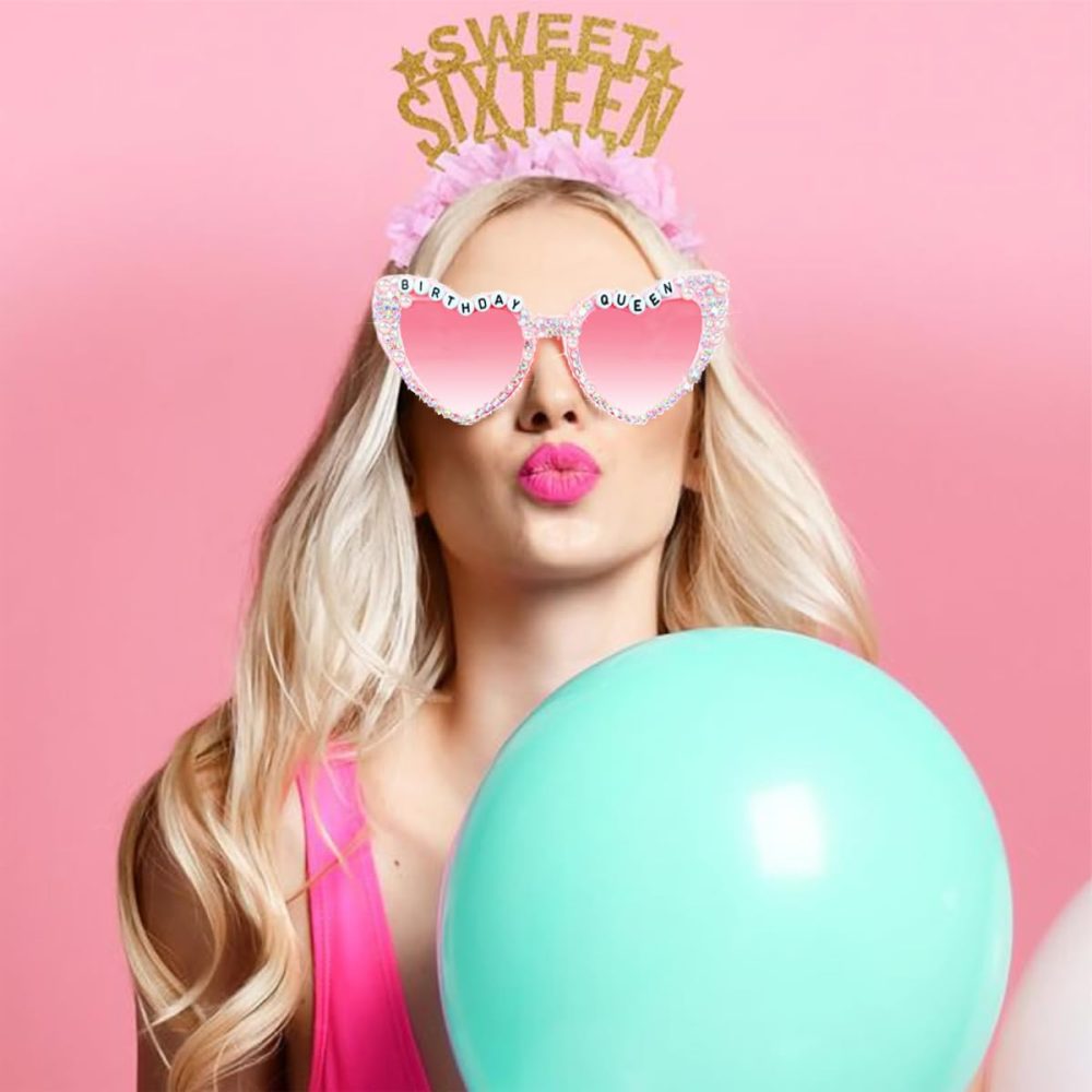 RJFUJP Birthday Glasses, Birthday Party Glasses Birthday Girl Sunglasses Pink Heart Shaped Shiny Bling Diamond Pearl Queen Sunglasses for Women Girl Birthday Party Gift Supplies Accessories Favors - Image 4