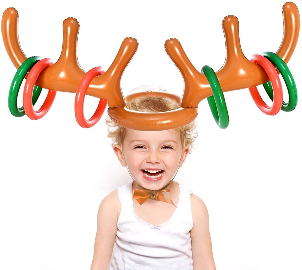 Faburo 7 PCS Christmas Party Toss Game Set Inflatable Reindeer Antler Hat, 6 Inflatable Rings 1 Antler for Kids Adults Christmas Eve Box Fillers Family Fun Games