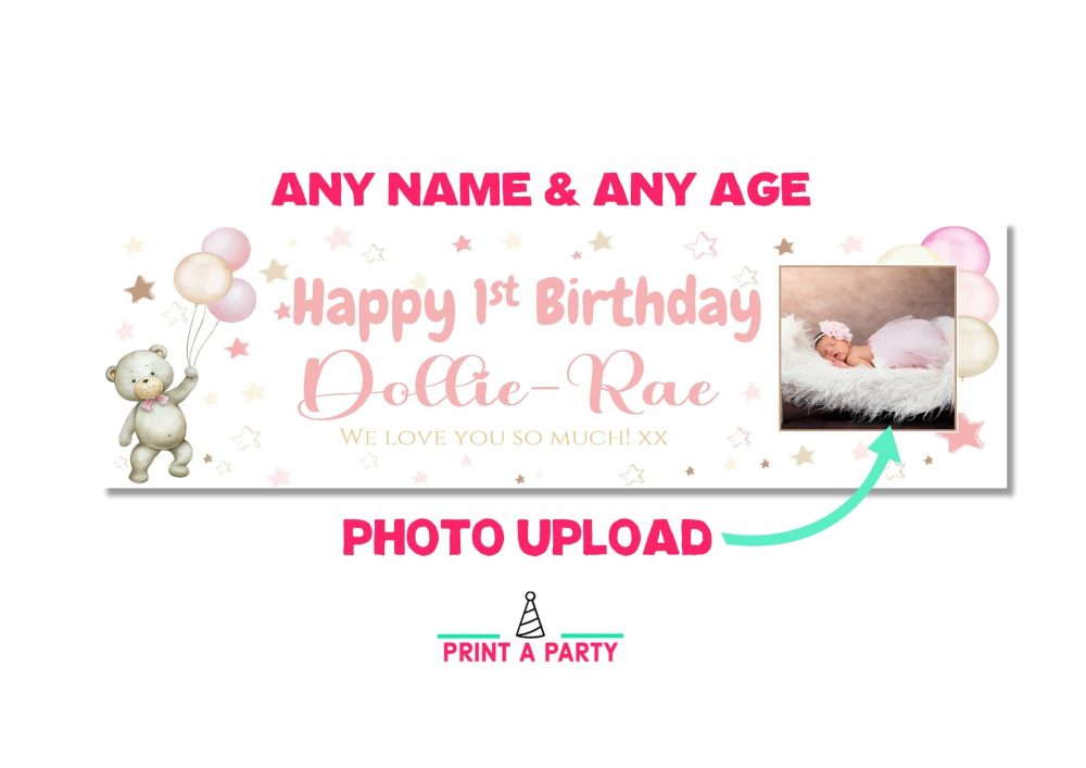 Large Personalised Banner Any Occasion Name with Photo for Men Women Boys Girls (6ftx2ft with PHOTO, Teddy Bear Pink) - Image 9