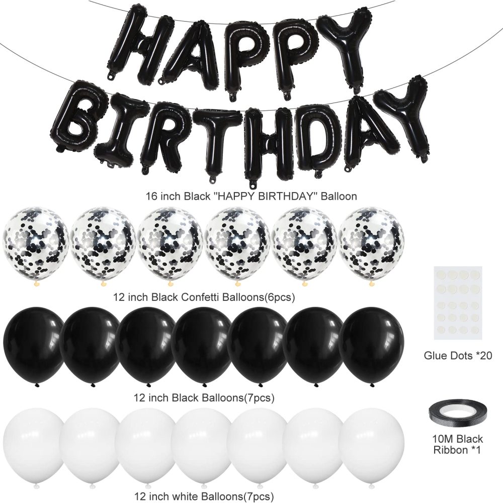 Happy Birthday Banner Black and White Balloons Birthday Decorations, 20pcs Latex Balloons with Black Confetti Balloons, 16 inch "Happy Birthday" Foil Balloons for Boys Girls Men Women Party Supplies - Image 7