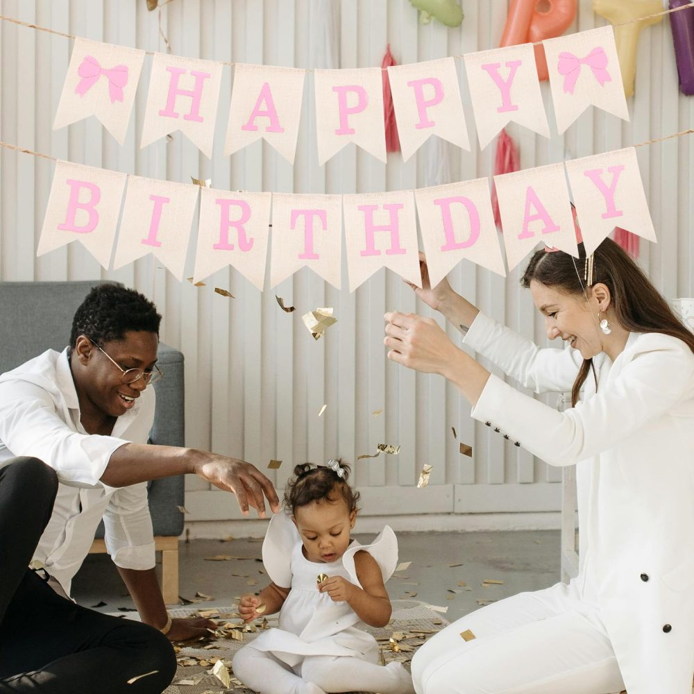 Burlap Happy Birthday Banner, Assembled Pink Bow Birthday Garland Happy Birthday Sign for Rustic Birthday Party Decorations - Image 3
