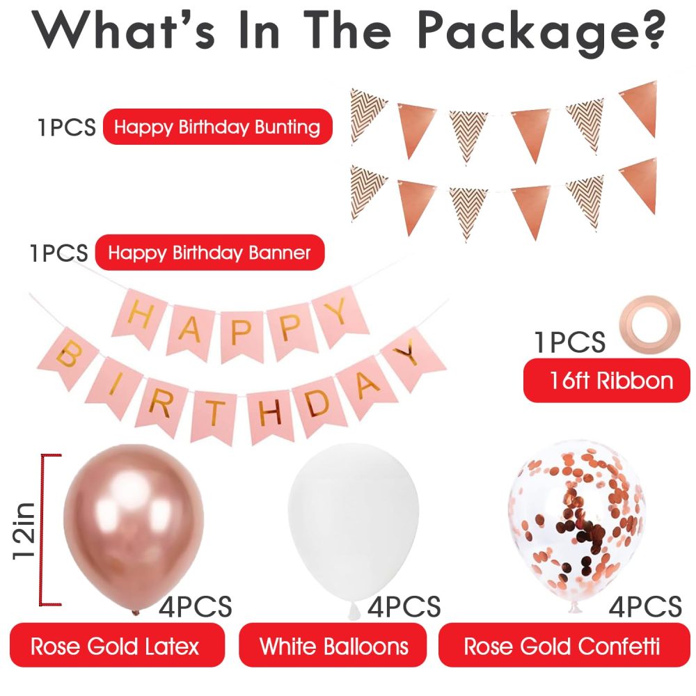 Buygain Happy Birthday Banner and Bunting, Rose Gold Birthday Decoration 12inch Happy Birthday Balloons, Ribbons and Birthday Banners, Wall Hooks, A Perfect Happy Birthday Decorations. - Image 7
