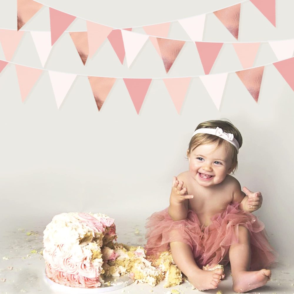 32Ft Dusty Blush Pink Rose Gold Bunting Banner Party Decorations Fabric Triangle Flag Pennant Garland Streamers for Birthday Wedding Baby Bridal Shower Anniversary Outdoor Garden Hanging Decoration - Image 4
