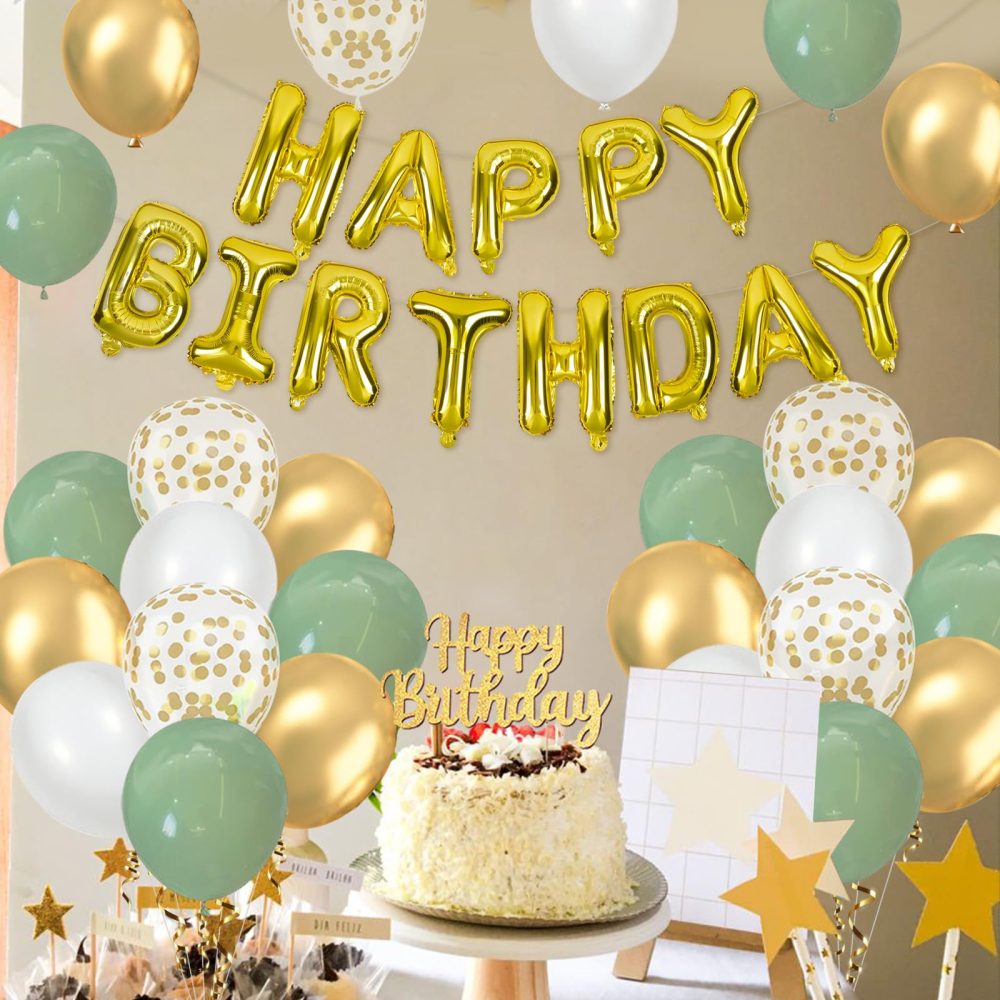 Sage Green Birthday Decorations Set, Happy Birthday Balloons with Sage Green White and Gold Balloons, Happy Birthday Banner and Cake Topper, Party Balloons for Birthday Party Decorations for Men Women - Image 4