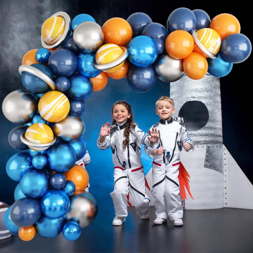 Blue Balloon Arch Kit, Navy Blue Orange Yellow Latex Balloon Garland Kit with Metallic Blue Silver Balloons and Yellow Marble Agate Balloons for Boys Outer Space Birthday Baby Shower Party Decorations - Image 5