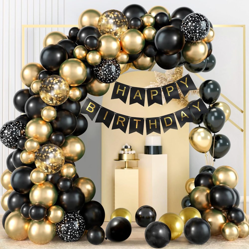 WenYa Black Gold Birthday Balloons Set, Birthday Party Balloons Kit, Black Gold Balloons for Women Men Boys Girls Birthday Party Decoration, Wedding, Graduation, Anniversary, Retirement, New Year