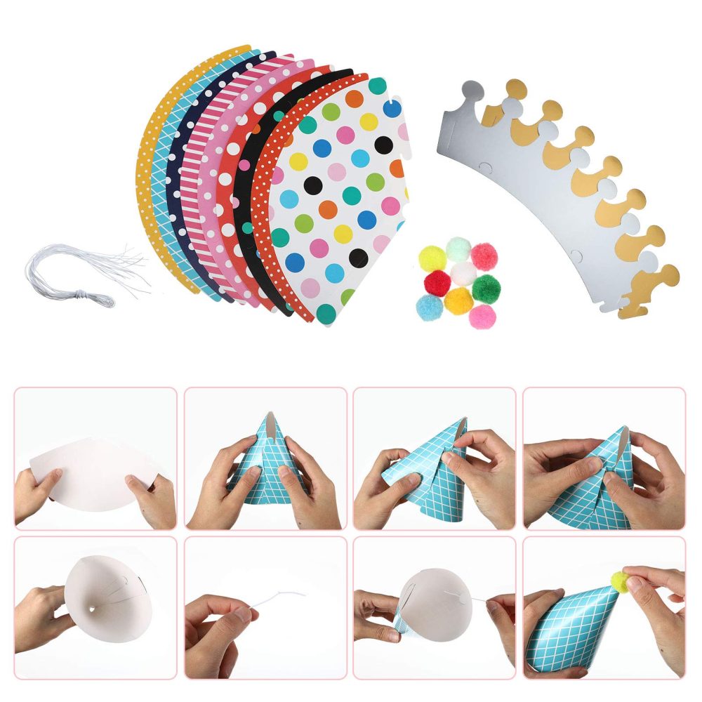 FRIUSATE 38 Pack Party Hats Set, 11PCS Birthday Party Cone Hats Lovely Crown with Pom Poms, 15PCS Colorful Party Blowouts, 12PCS Tassel Blowouts, Birthday Party Hat Decorations for Kids Adults - Image 6