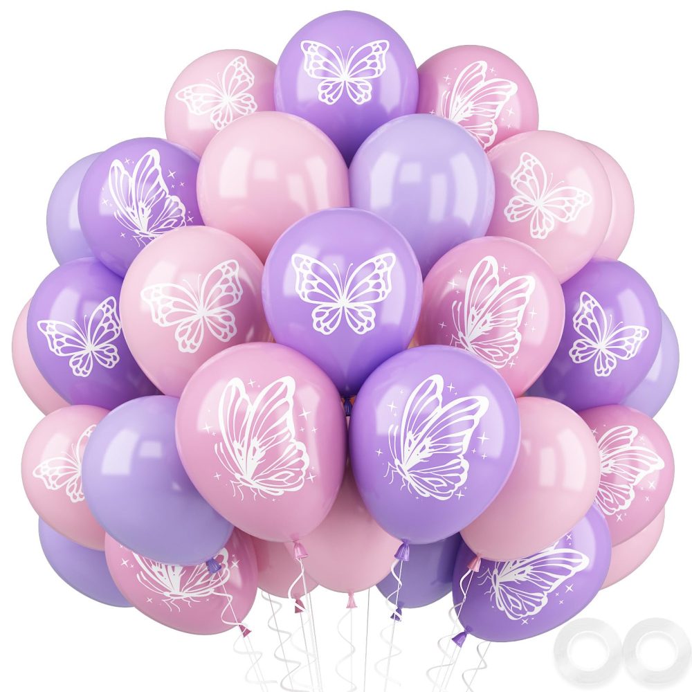Butterfly Balloons, 52 PCS 12 Inch Pink Purple Butterfly Printed Balloons, Maca Pink Maca Purple Butterfly Theme Birthday Balloons for Baby Shower Girls Women Wedding Party Decorations