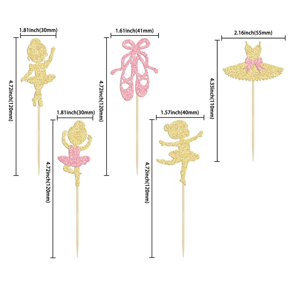 Gyufise 24Pcs Ballerina Tutu Cupcake Toppers Gold Glitter Ballet Girl Cupcake Toppers Ballet Slipper Cupcake Picks for Ballerina Theme Baby Shower Birthday Party Cake Decoration Supplies - Image 7
