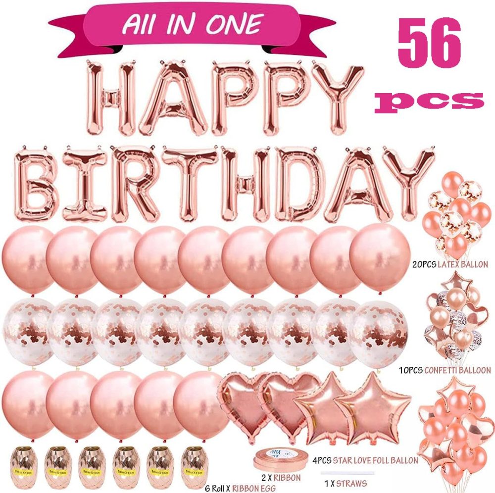 AIBEE 56pcs Birthday Party Decorations,Rose Gold Happy Birthday Balloons Banner,Fringe Curtain Foil Tablecloth Heart Star Foil Confetti Balloons for Man Women Birthday Party - Image 5