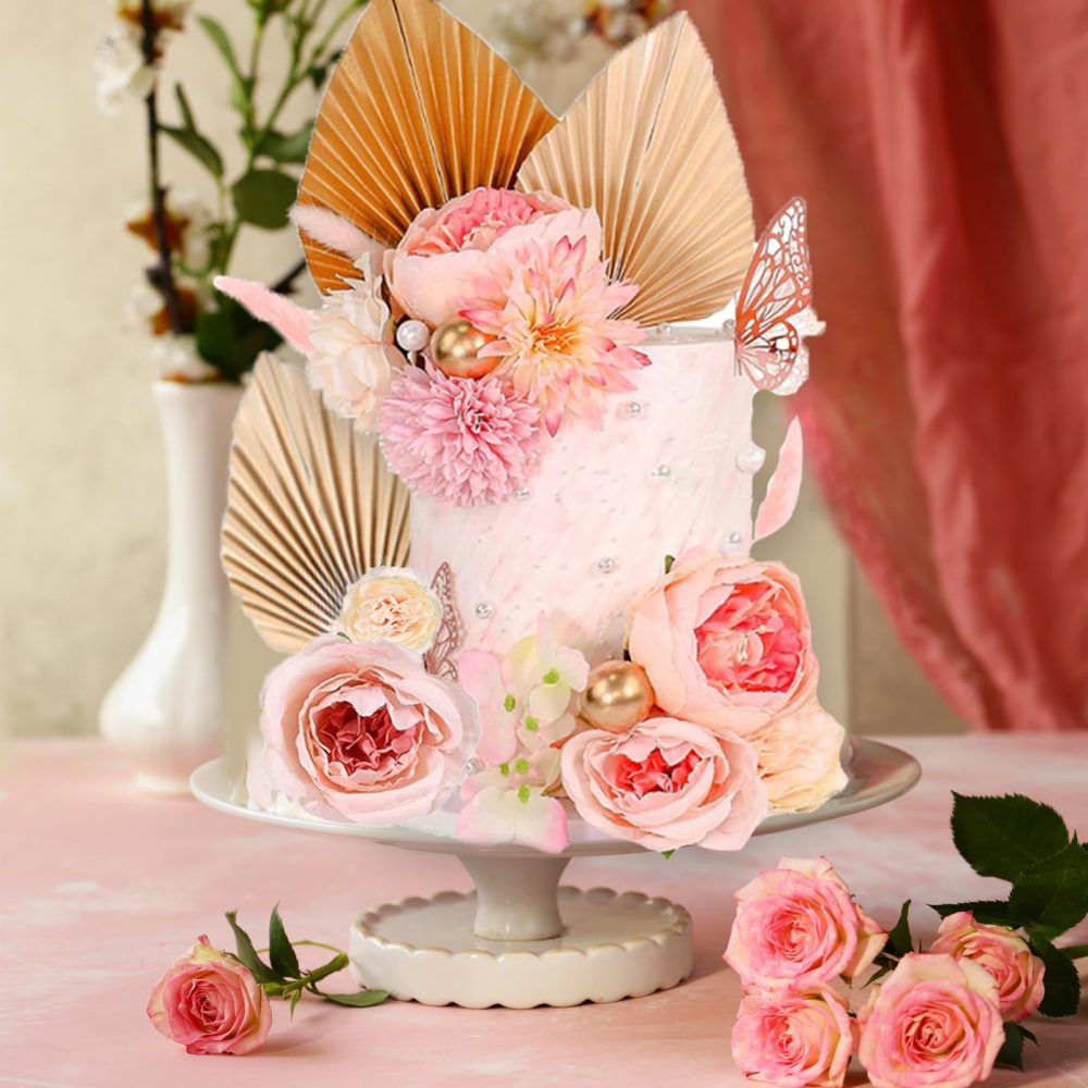 22 Pcs Cake Decoration Pink Cake Decorations with Paper Palm Fan and Butterfly Artificial Rose Flowers Cake Toppers Boho Cake Picks for Birthday Wedding Anniversary(Pink) - Image 5