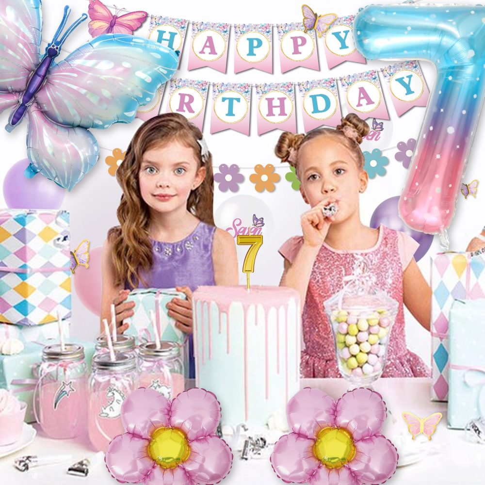 7th Birthday Decorations, Pink Purple Birthday Balloons, Butterfly Birthday Party Decorations, Set With Butterfly Foil Balloons, Butterfly Design Banner, Butterfly Sticker - Image 4