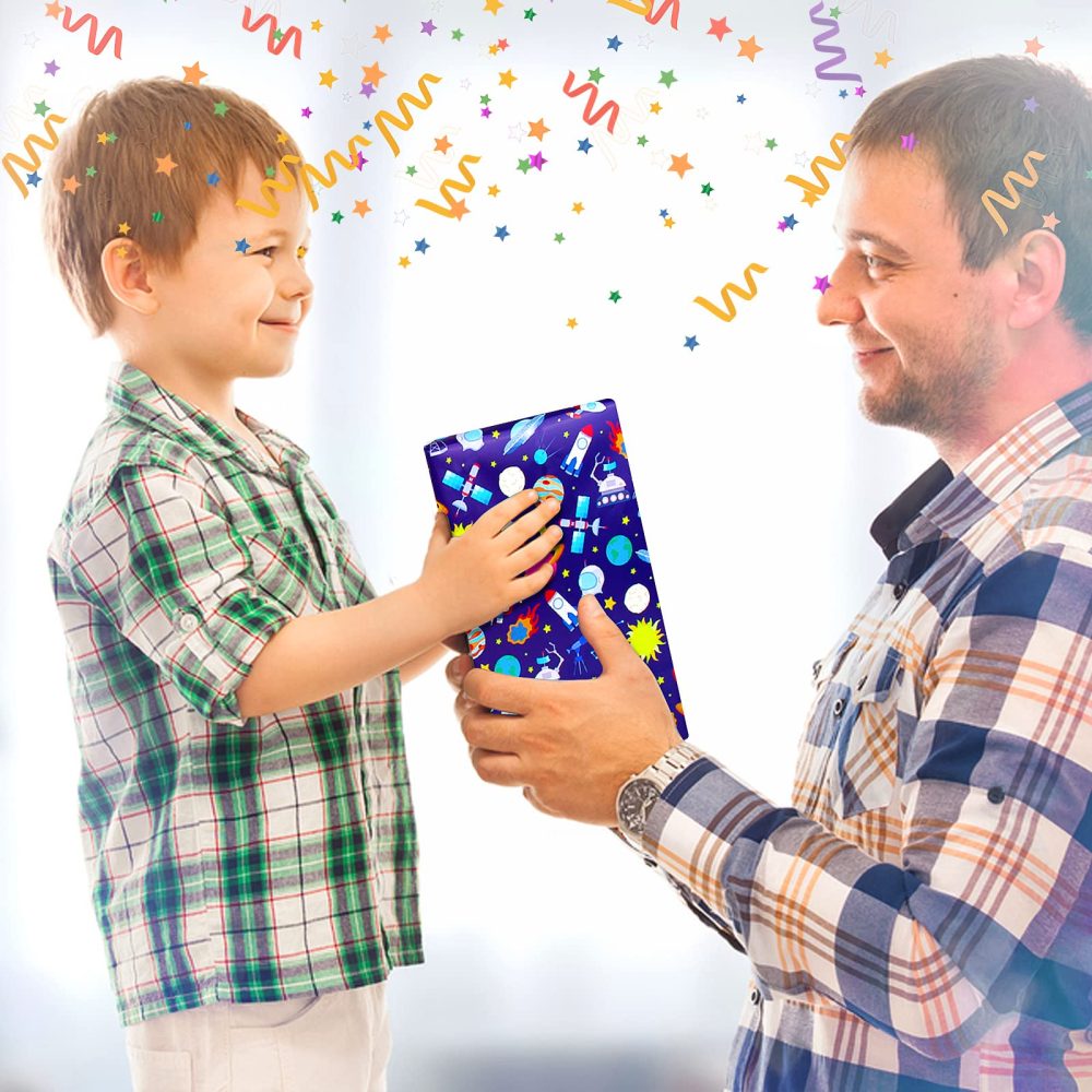 Space Wrapping Paper Birthday Wrapping Paper for Boys Girls,Gift Wrapping Paper Kids with Blue White Navy Birthday Paper for Present Wrapping Paper Sheets with Galaxy Spaceship Birthday Gift Wrap Set - Image 2