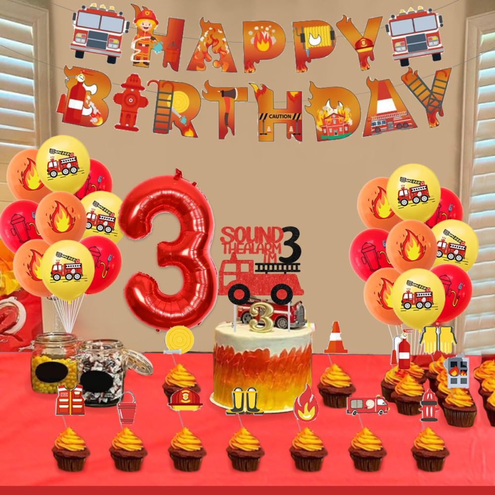 Sursurprise Fire Engine 3rd Birthday Decorations for Boy, Sound the Alarm I’m 3 Cake Topper, Happy Birthday Banner, Flame Balloons, Tablecloth, Firemen Firefighter Birthday Party Supplies - Image 3