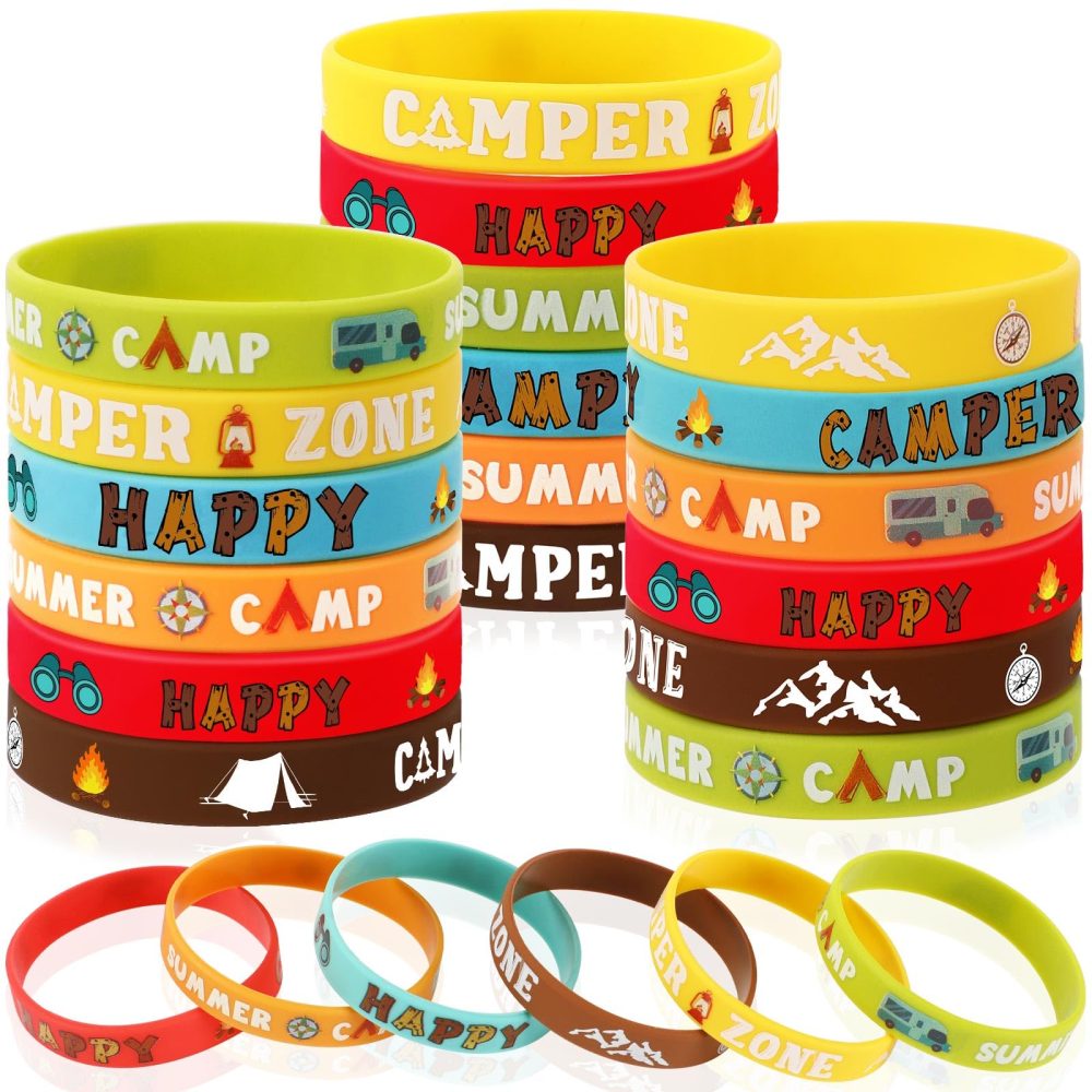 JUNEBRUSHS 42pcs Camping Party Favors Silicone Bracelets Summer Camping Theme Rubber Wristbands Accessories for Kids Adults Camping Adventure Birthday Party Decorations Gift Supplies