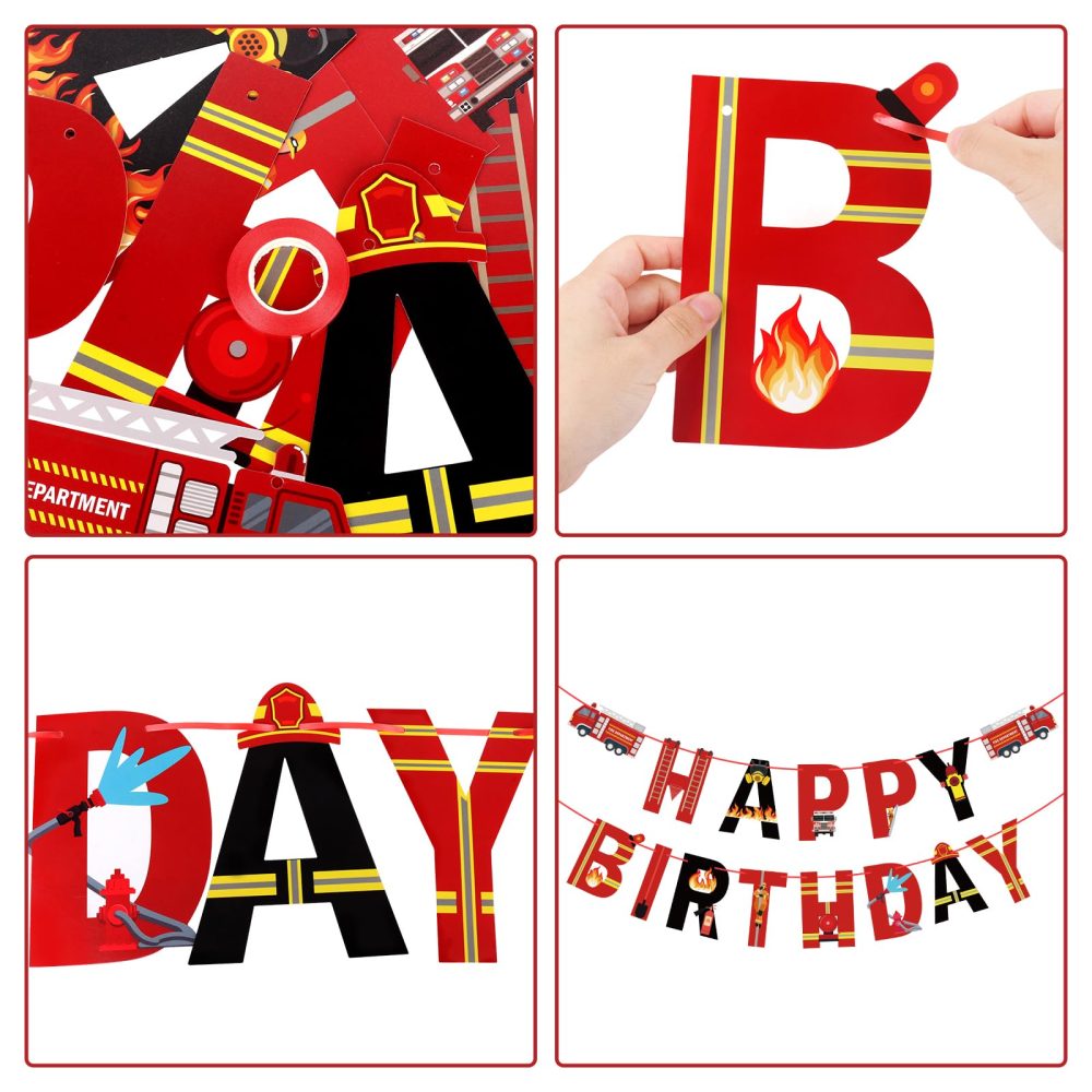 Fire Truck Happy Birthday Banner Sign, Fire Engine Rescue Birthday Bunting Banner Flag Garland for Kids Boys Fire Truck Birthday Party Carnival Party Decorations Supplies - Image 5