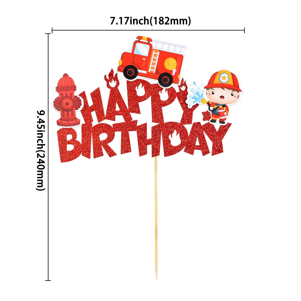 Gyufise 1Pcs Fireman Happy Birthday Cake Topper Glitter Fire Truck Firefighter Cake Pick Fire Department Theme Baby Shower Kids Birthday Party Cake Decorations Supplies Red - Image 7