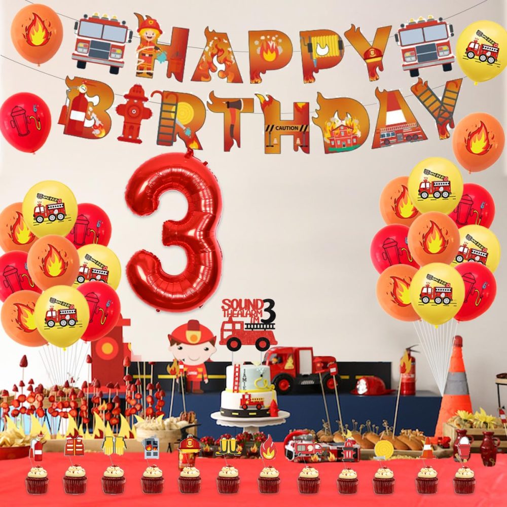 Sursurprise Fire Engine 3rd Birthday Decorations for Boy, Sound the Alarm I’m 3 Cake Topper, Happy Birthday Banner, Flame Balloons, Tablecloth, Firemen Firefighter Birthday Party Supplies - Image 5