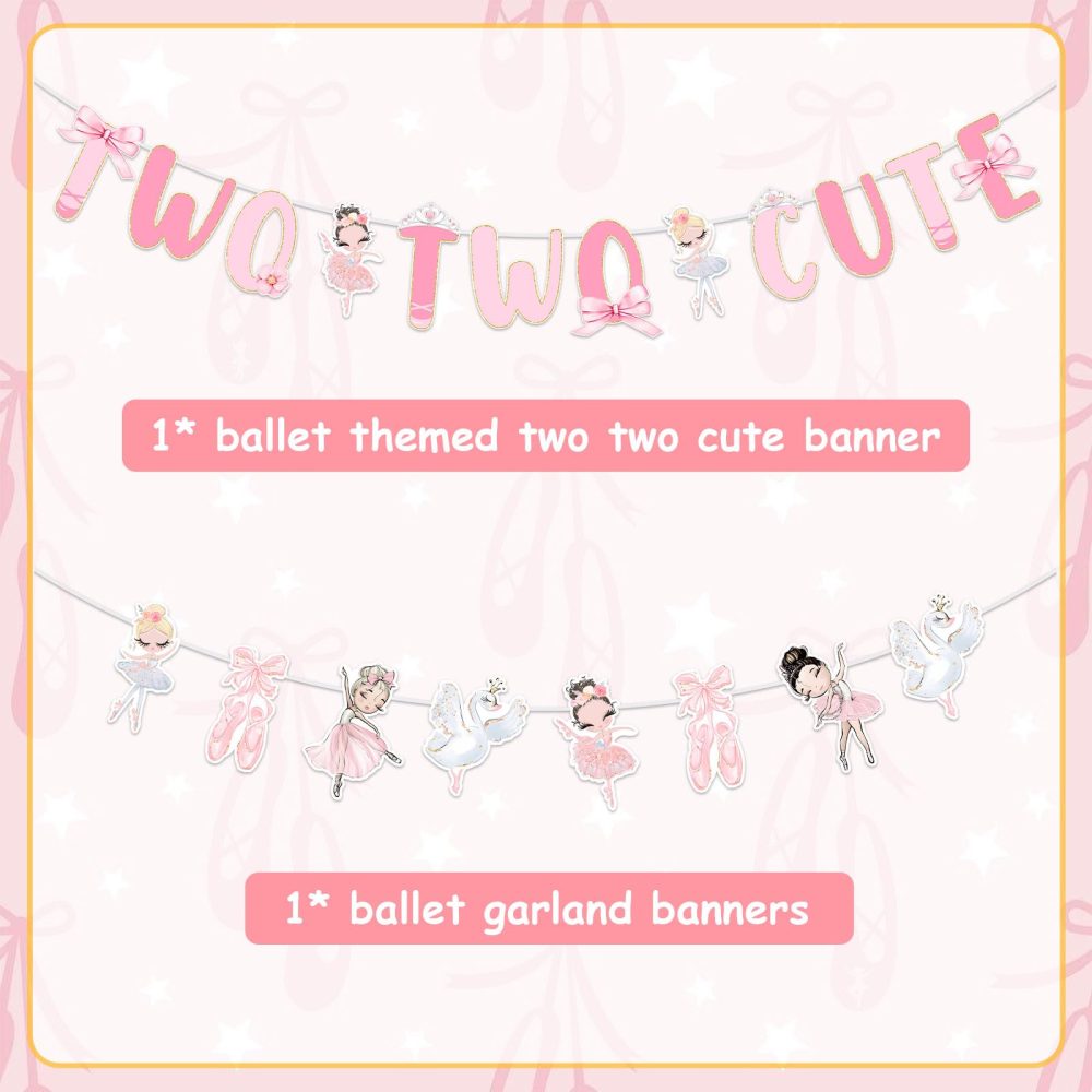 Kreatwow Ballet 2nd Birthday Decoration Two Two Cute Banner Ballet Garland Ballet Birthday Tutu Cute 2nd Birthday Decor Ballerina Birthday Dancing Girl Ballet Party Supply for Girl 2nd Birthday - Image 2