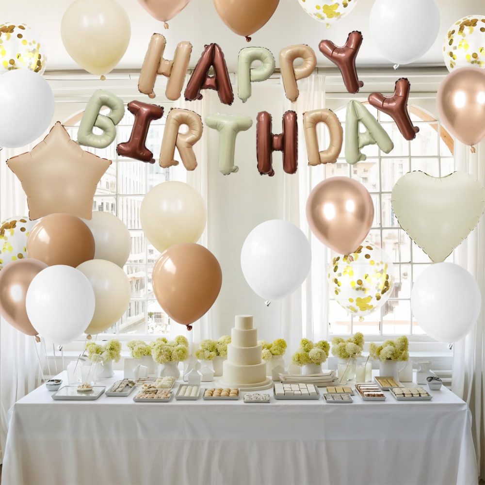 White Sand Gold Brown Birthday Decorations for Men Women Kids,White Sand Brown Gold Nude Balloons Boho Happy Birthday Balloons Banner Confetti Balloons for Birthday Baby Shower Party Decorations - Image 2