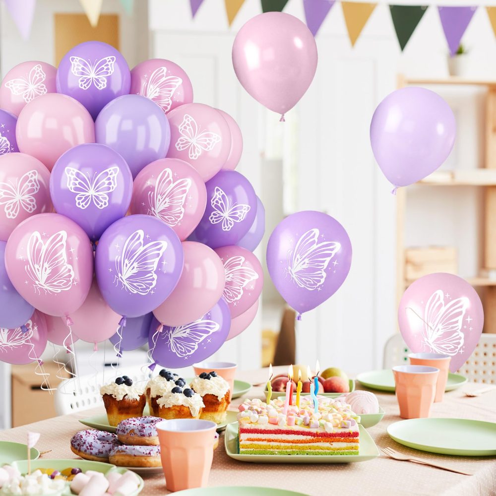 Butterfly Balloons, 52 PCS 12 Inch Pink Purple Butterfly Printed Balloons, Maca Pink Maca Purple Butterfly Theme Birthday Balloons for Baby Shower Girls Women Wedding Party Decorations - Image 3