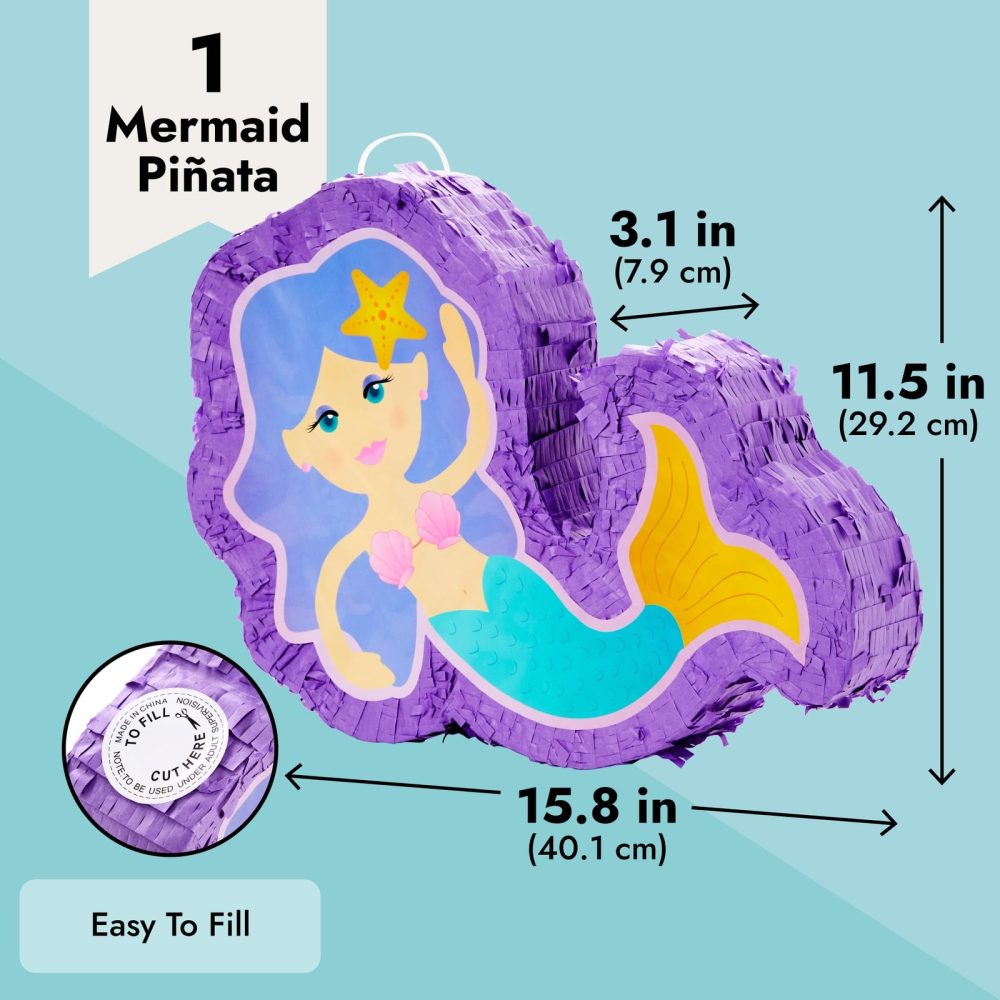 Mermaid Pinata for Girls Under the Sea Birthday Party Decorations (Small, 40.1 x 29.2 x 7.9 cm) - Image 6