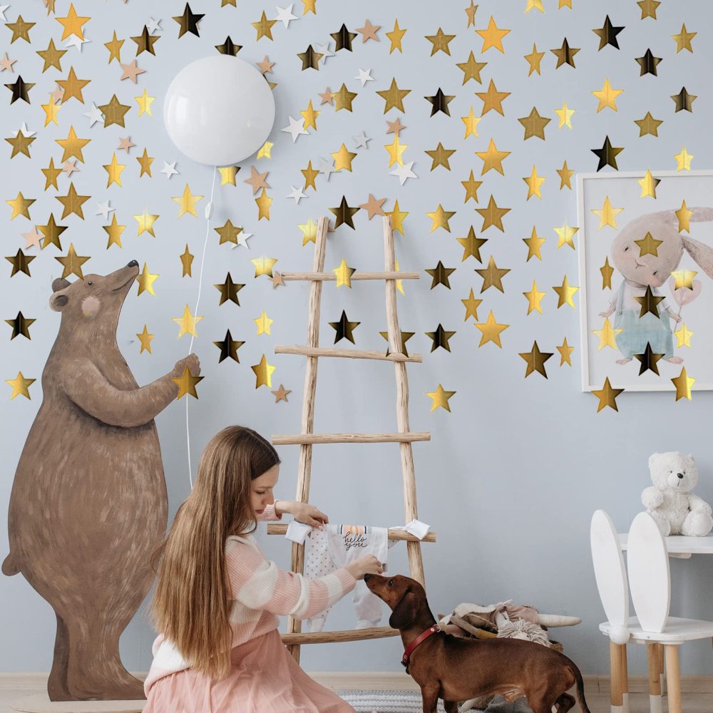 52 Feet Reflective Star Paper Garland,Sparkling Star Bunting Banner Hanging Decoration Twinkle Little Star Party Garlands Glitter Star Garland Streamer Kit For Birthday Wedding Banner Backdrop (Gold) - Image 4
