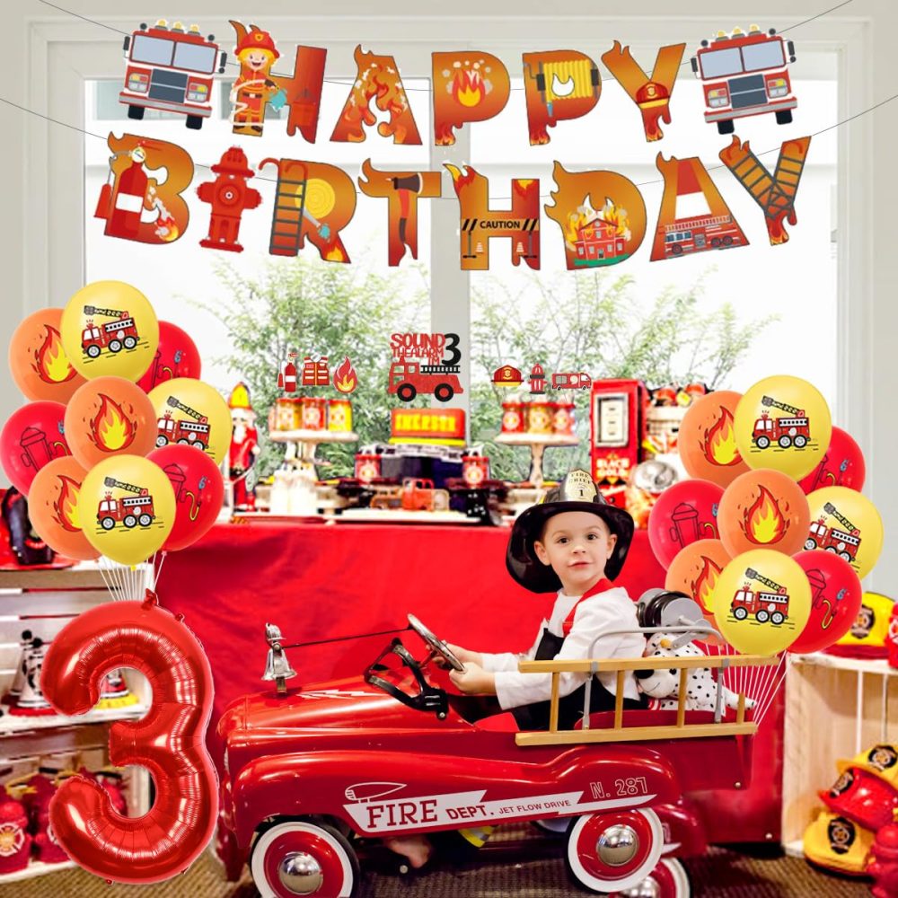 Sursurprise Fire Engine 3rd Birthday Decorations for Boy, Sound the Alarm I’m 3 Cake Topper, Happy Birthday Banner, Flame Balloons, Tablecloth, Firemen Firefighter Birthday Party Supplies - Image 4