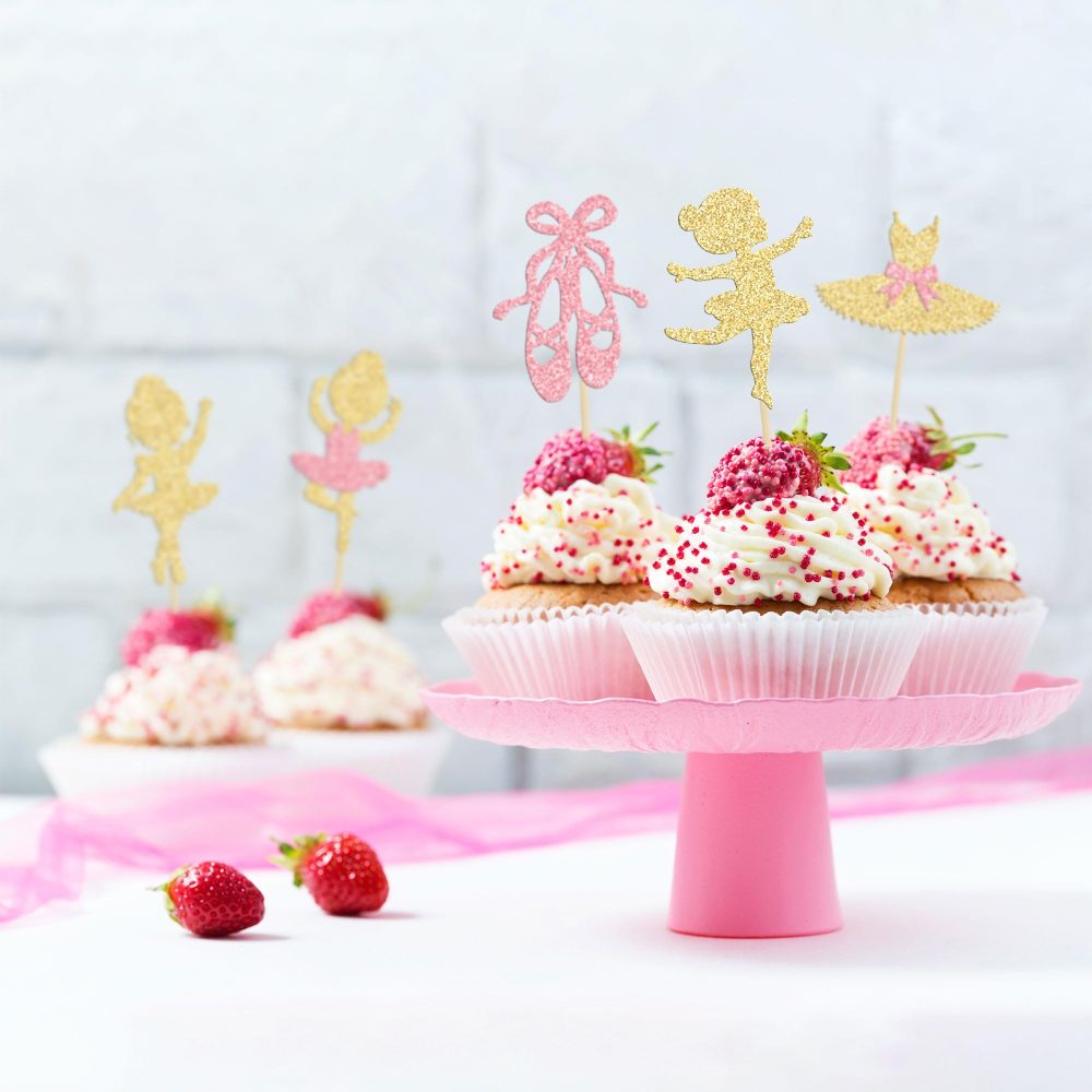 Gyufise 24Pcs Ballerina Tutu Cupcake Toppers Gold Glitter Ballet Girl Cupcake Toppers Ballet Slipper Cupcake Picks for Ballerina Theme Baby Shower Birthday Party Cake Decoration Supplies - Image 3