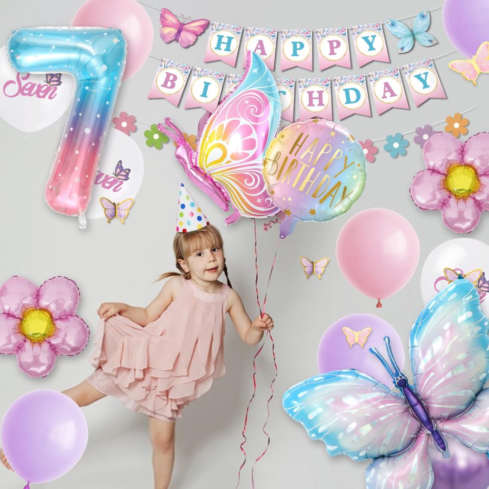7th Birthday Decorations, Pink Purple Birthday Balloons, Butterfly Birthday Party Decorations, Set With Butterfly Foil Balloons, Butterfly Design Banner, Butterfly Sticker - Image 7