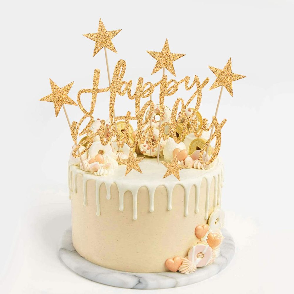 iZoeL Gold Cake Decoration Gold Cake Topper Happy Birthday Stars Cake Topper for Man Boys Women Girls Gold Theme Birthday Party Decor - Image 2