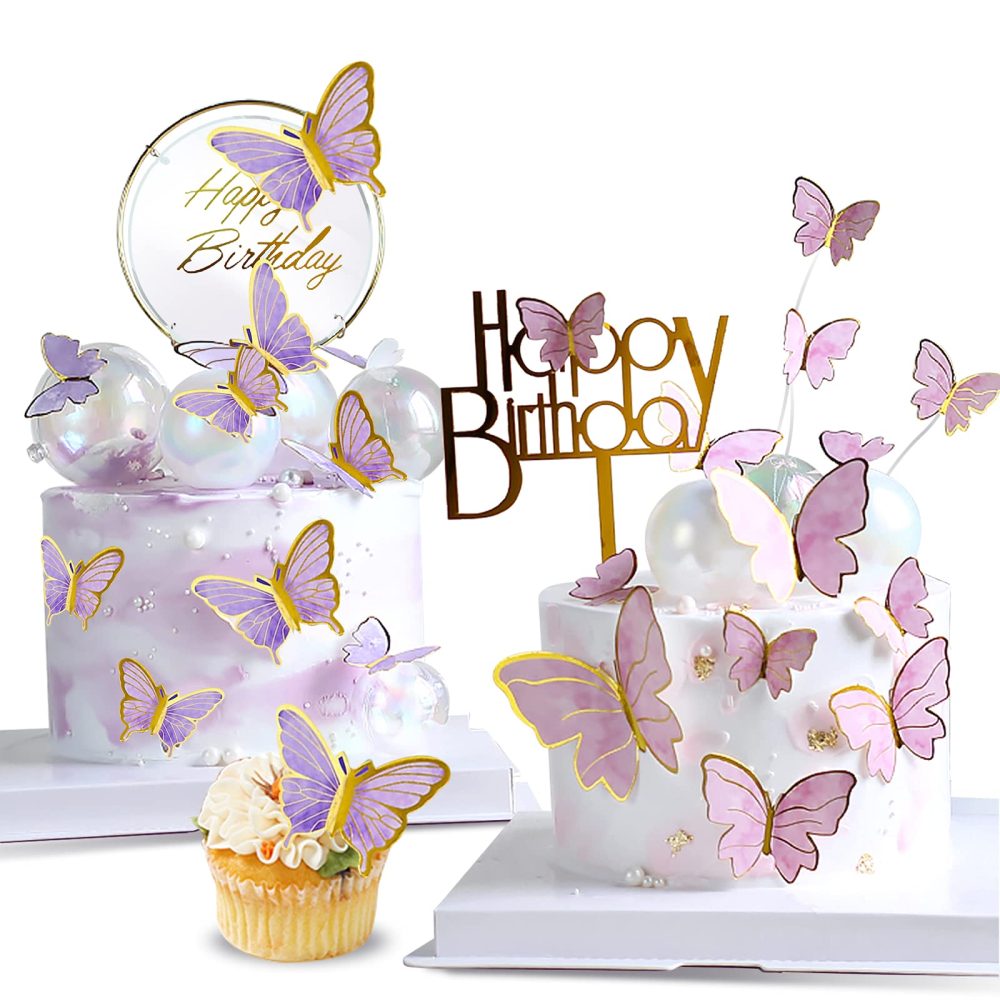 OWill 22-Pieces Butterfly Cake Decorations with Happy Birthday Acrylic Cake Toppers for Baby Shower Wedding Birthday Party Decor (Purple & Pink)