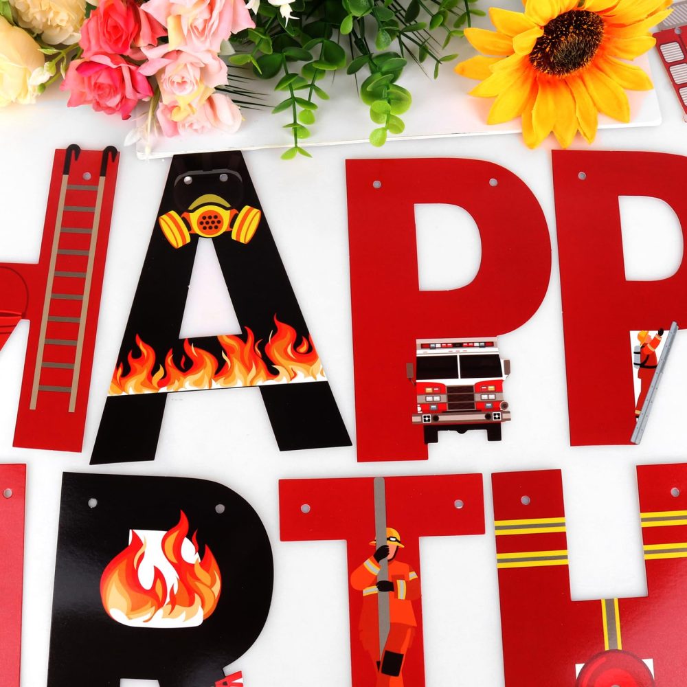 Fire Truck Happy Birthday Banner Sign, Fire Engine Rescue Birthday Bunting Banner Flag Garland for Kids Boys Fire Truck Birthday Party Carnival Party Decorations Supplies - Image 3