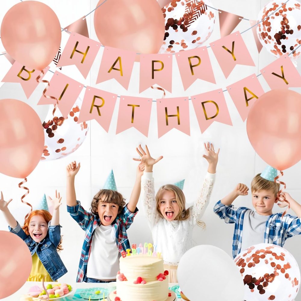 OHugs Happy Birthday Banner - Rose Gold Birthday Party Decorations for Women and Girls with 12 Inch Rose Gold, White, and Confetti Balloons - Happy Birthday Bunting Banner with Wall Hooks - Image 4