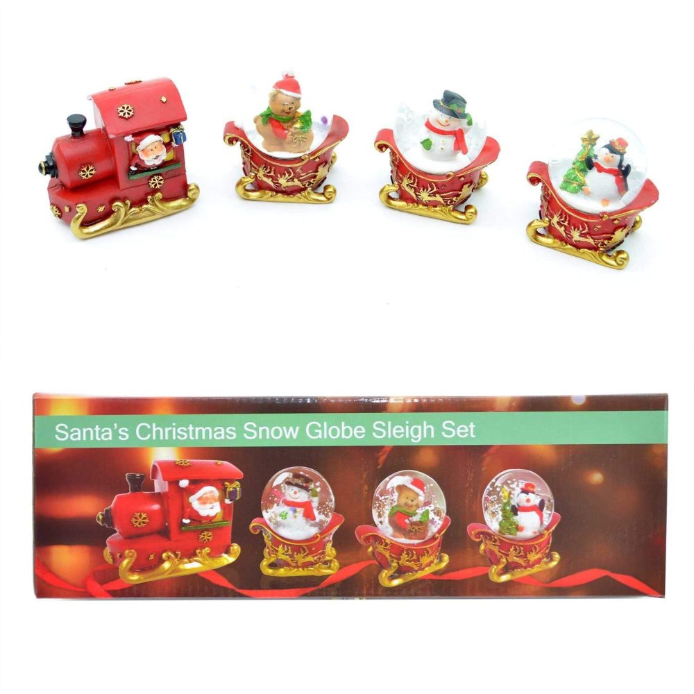Christmas Snowglobe Set of 3pcs Sleigh Train Carriages & Engine Hand Painted Snowman Santa Teddy Penguine Table Mantel Decoration Xmas Gifts - Image 2
